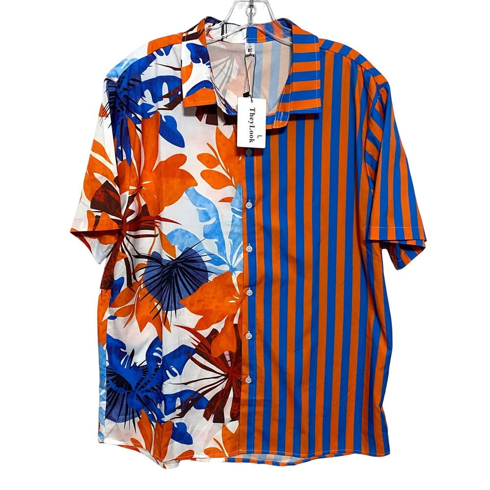 Hawaiian Orange Blue Button Shirt Mens L Patchwork Aloha Beach Resort Vacation